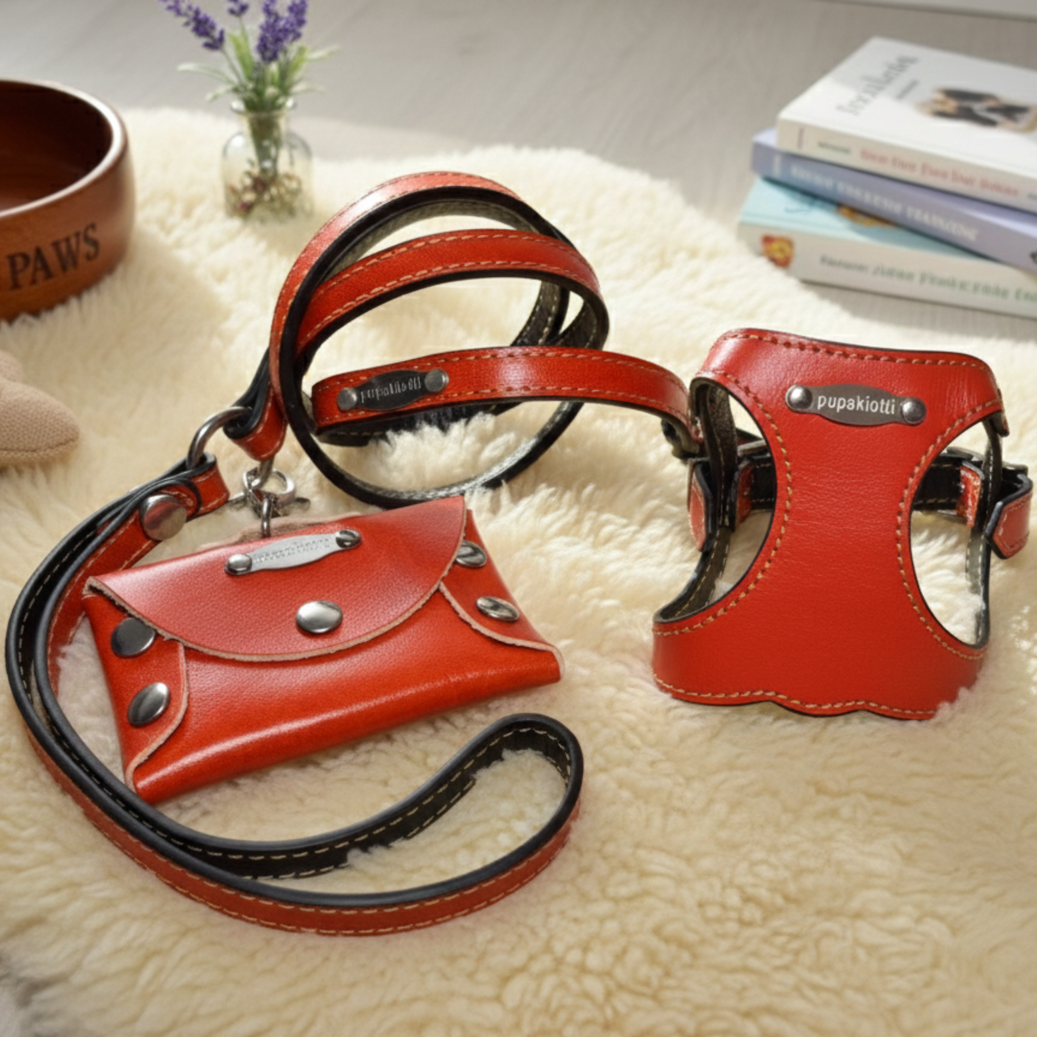 Set Pettorina e Guinzaglio in Pelle con Porta Sacchetti